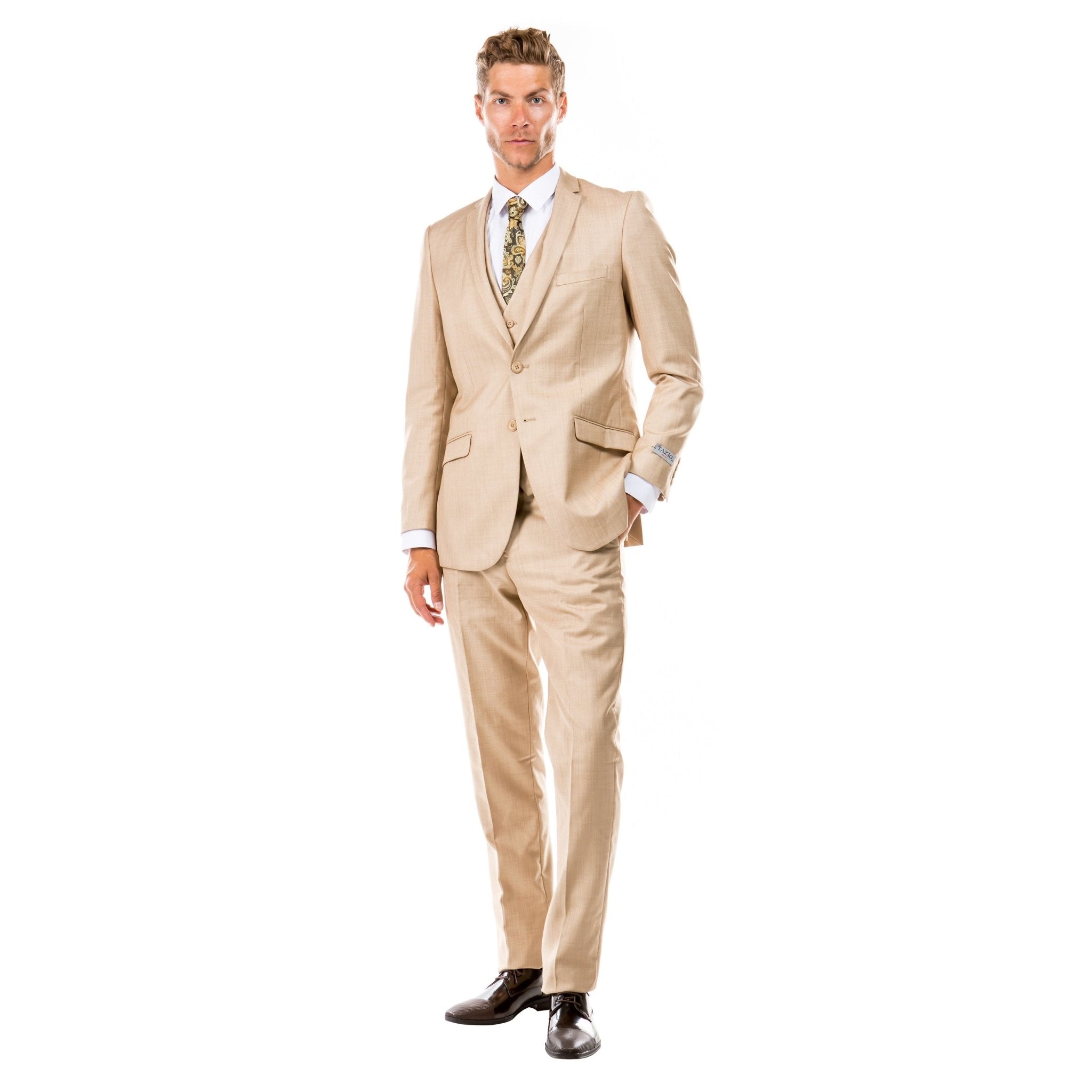 Dark Tan Men's Slim - Fit 3 - Piece Sharkskin Suit - Bundle Bus