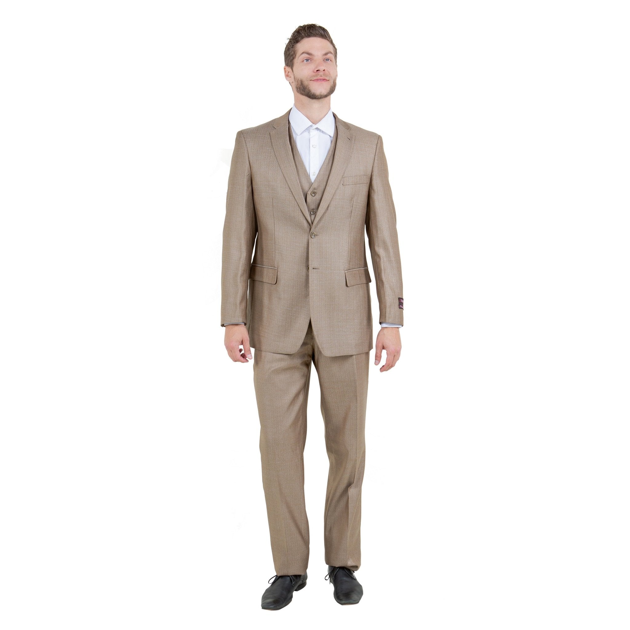 Dk Tan Solid Shiny Sharkskin 3 - PC Regular Modern Fit Suits - Bundle Bus