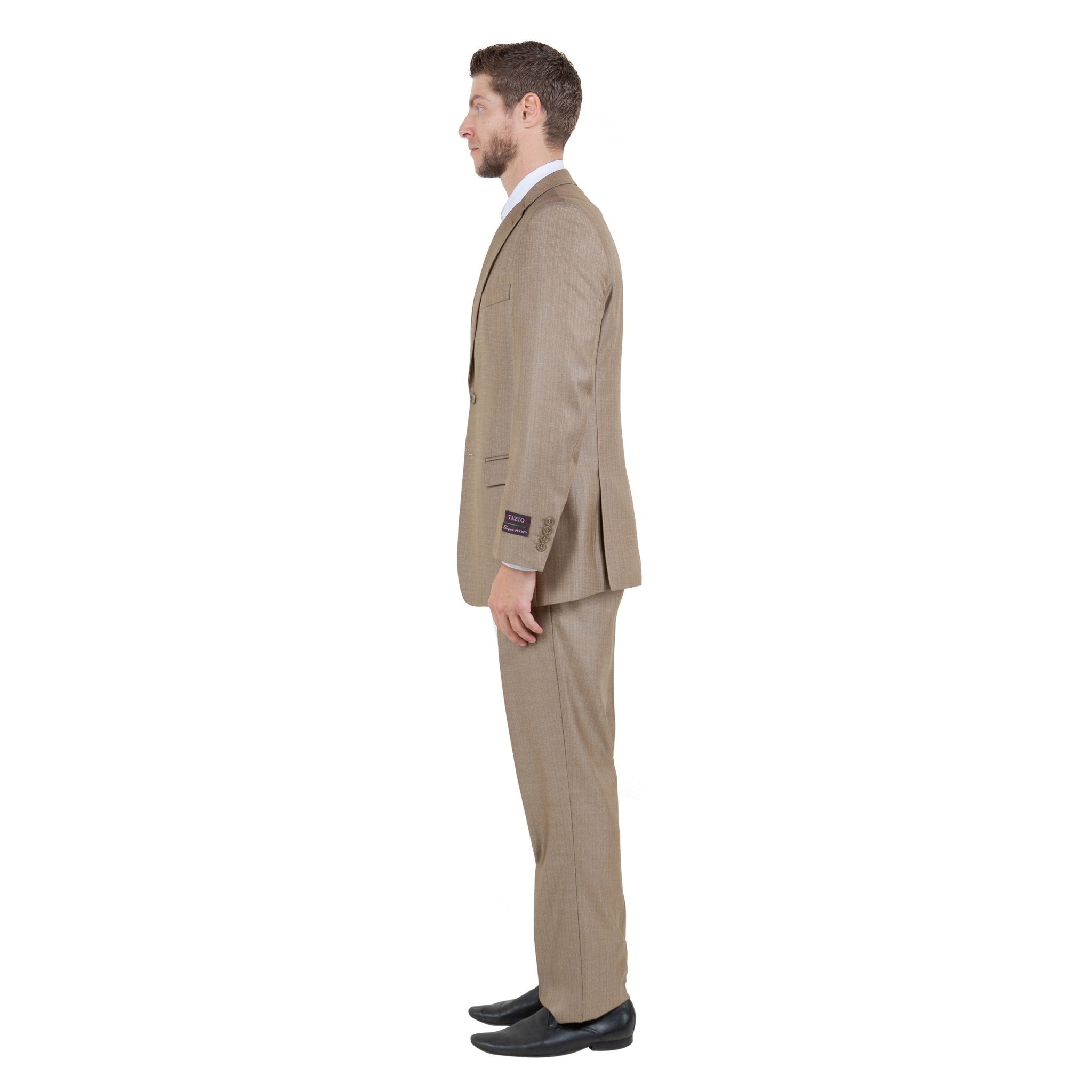 Dk Tan Solid Shiny Sharkskin 3 - PC Regular Modern Fit Suits - Bundle Bus