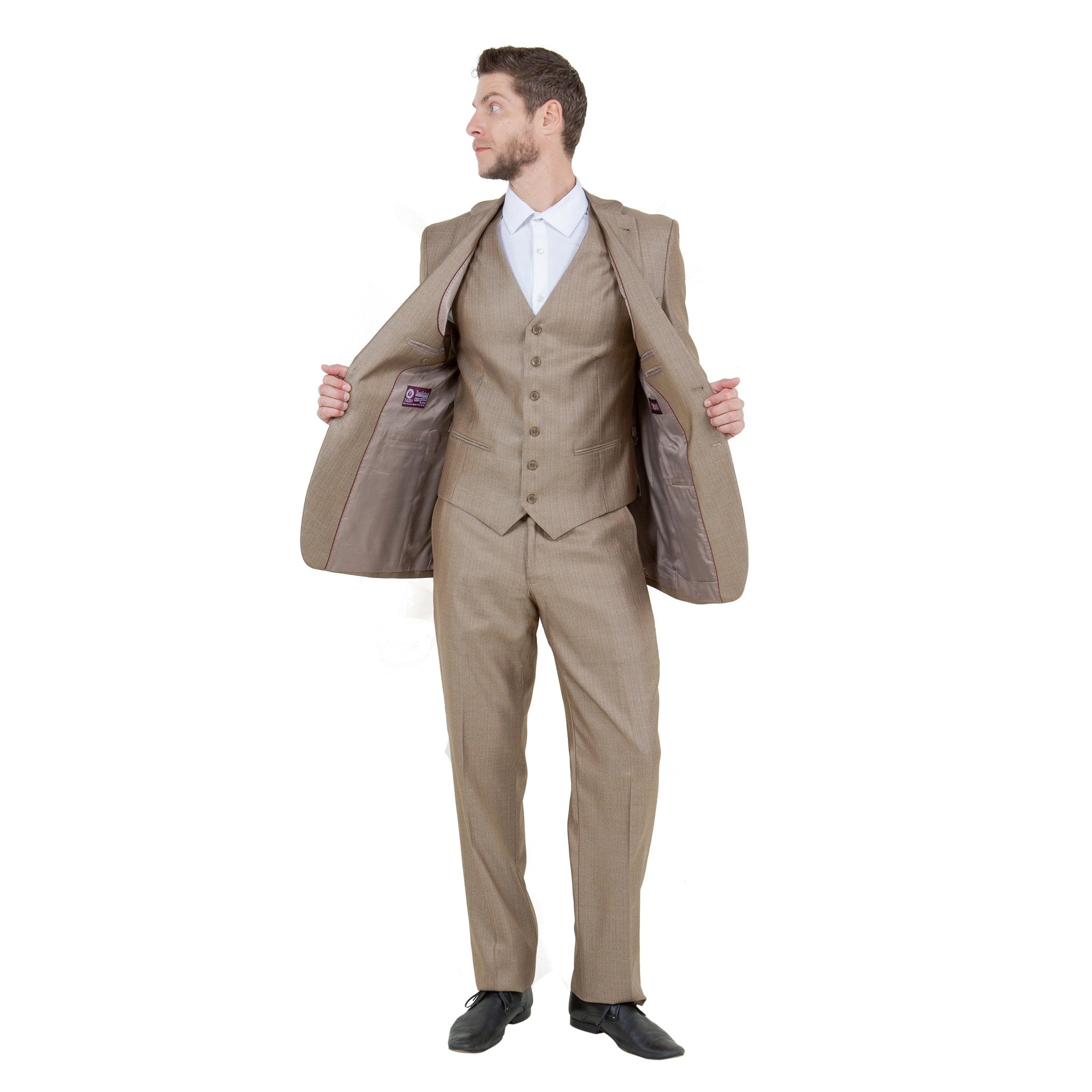Dk Tan Solid Shiny Sharkskin 3 - PC Regular Modern Fit Suits - Bundle Bus
