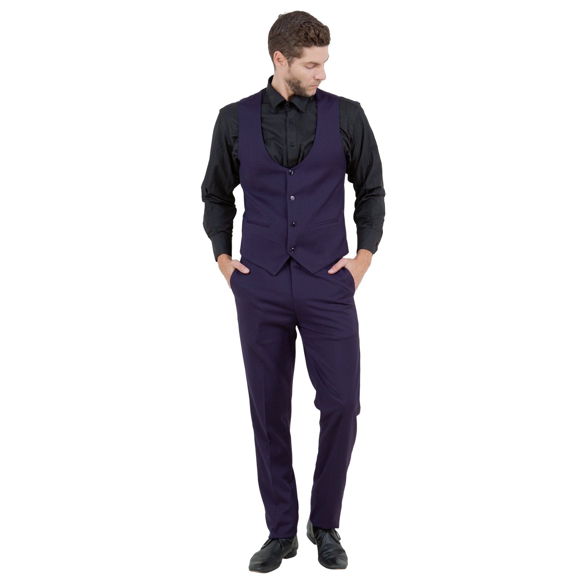Eggplant Men's Ultra Slim - Fit 3pc Suit w/ Expandable Waistband - Bundle Bus