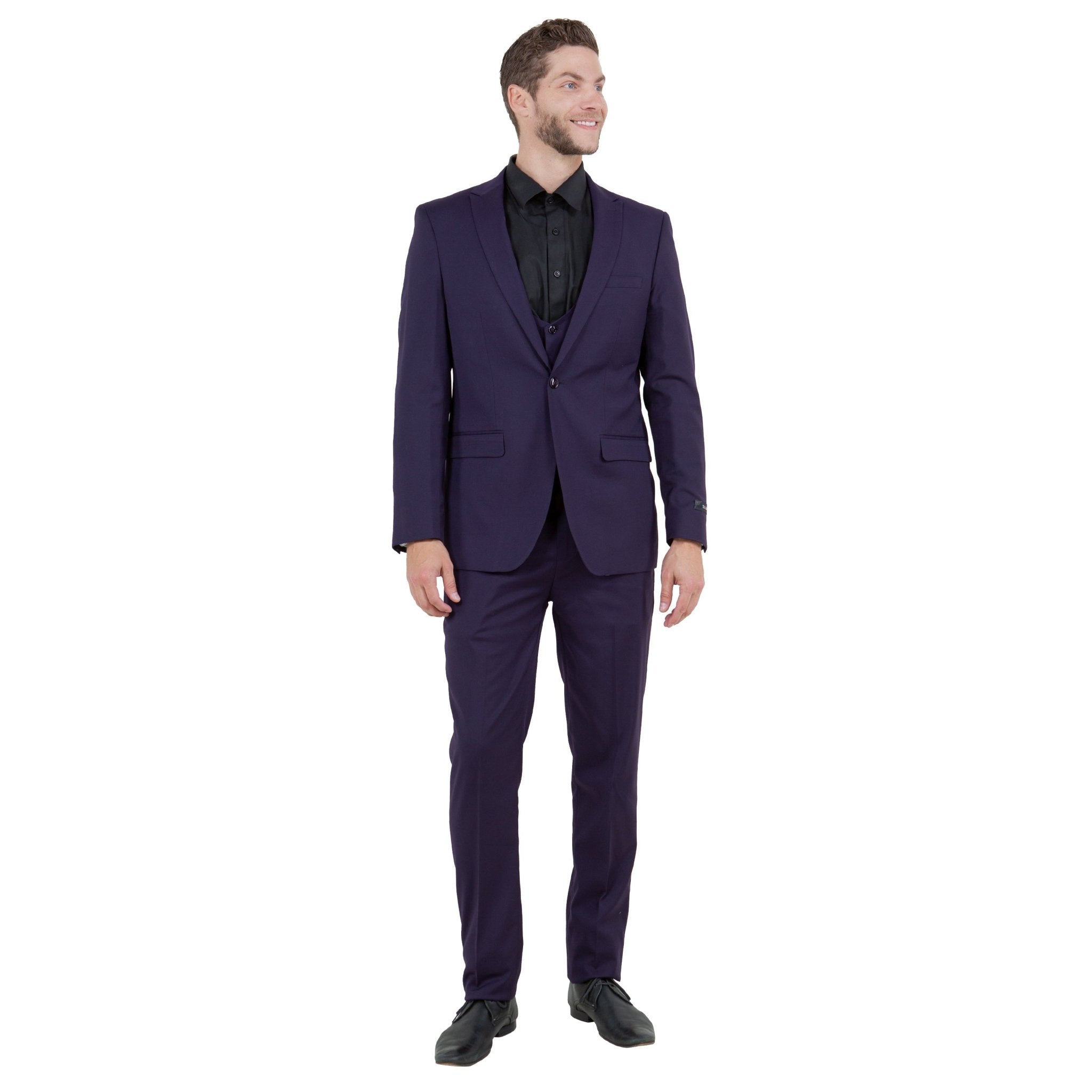 Eggplant Men's Ultra Slim - Fit 3pc Suit w/ Expandable Waistband - Bundle Bus