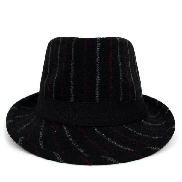 Fall/Winter Black Wool-Type Trilby Fedora Hat with Burgundy & Gray Stripes - H1805258 - Bundle Bus