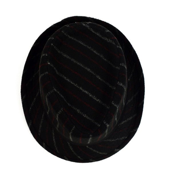 Fall/Winter Black Wool-Type Trilby Fedora Hat with Burgundy & Gray Stripes - H1805258 - Bundle Bus