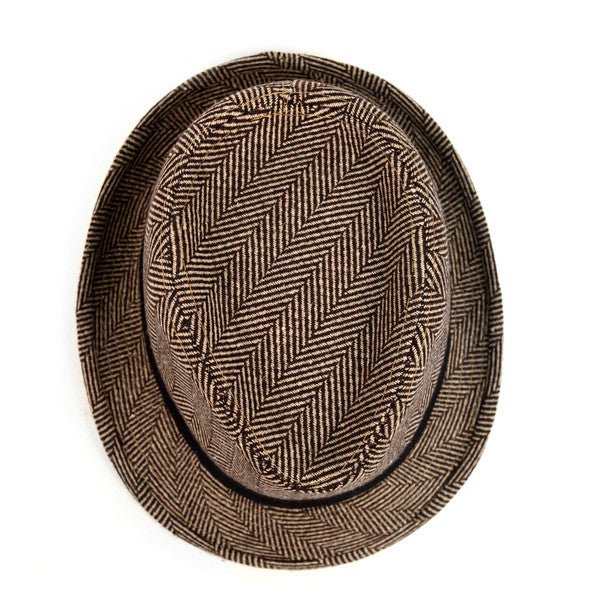 Fall/Winter Brown & Beige Herringbone Trilby Fedora Hat with Black Band Trim - H1805261 - Bundle Bus