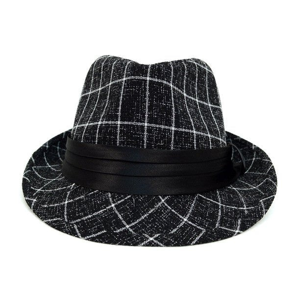 Fall/Winter Plaid Trilby Fedora Hat with Black Band Trim - H1805021 - Bundle Bus