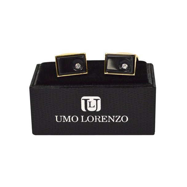 Gold-tone Crystal Black Stone Rectangle Brass Cufflinks - Bundle Bus