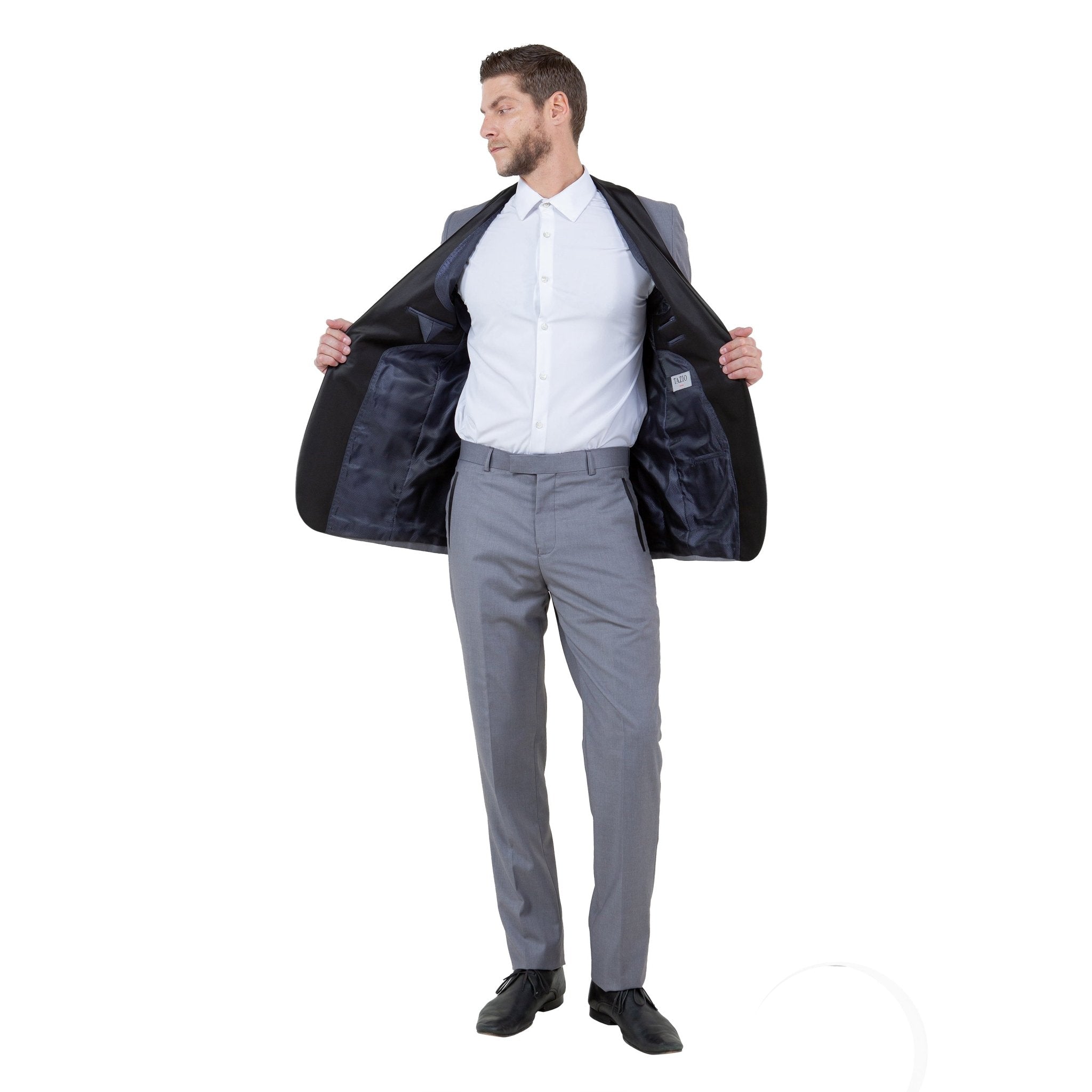 Gray / Black Solid with Black Shawl Collar Trim 2 - PC Slim Fit Suits - Bundle Bus