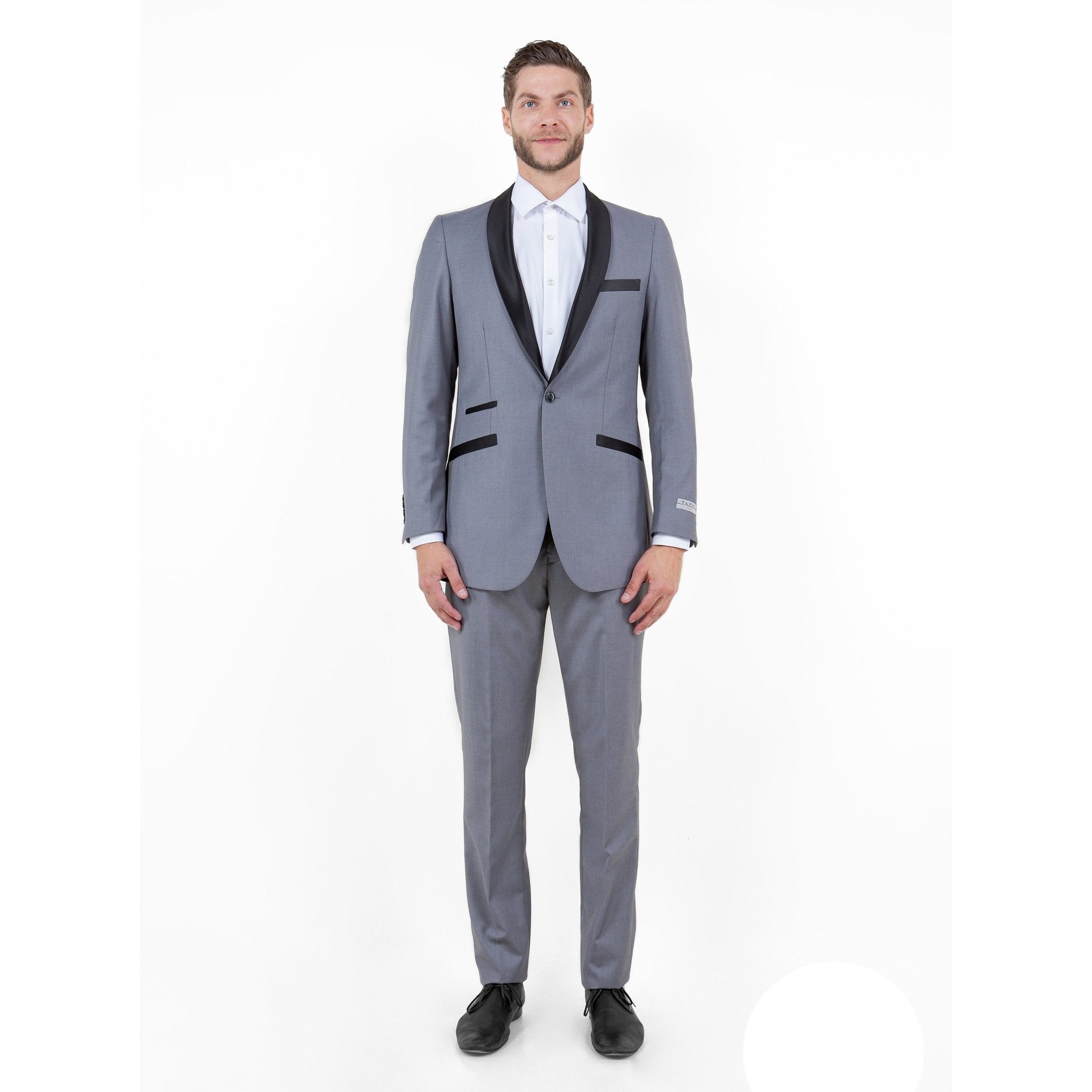 Gray / Black Solid with Black Shawl Collar Trim 2 - PC Slim Fit Suits - Bundle Bus