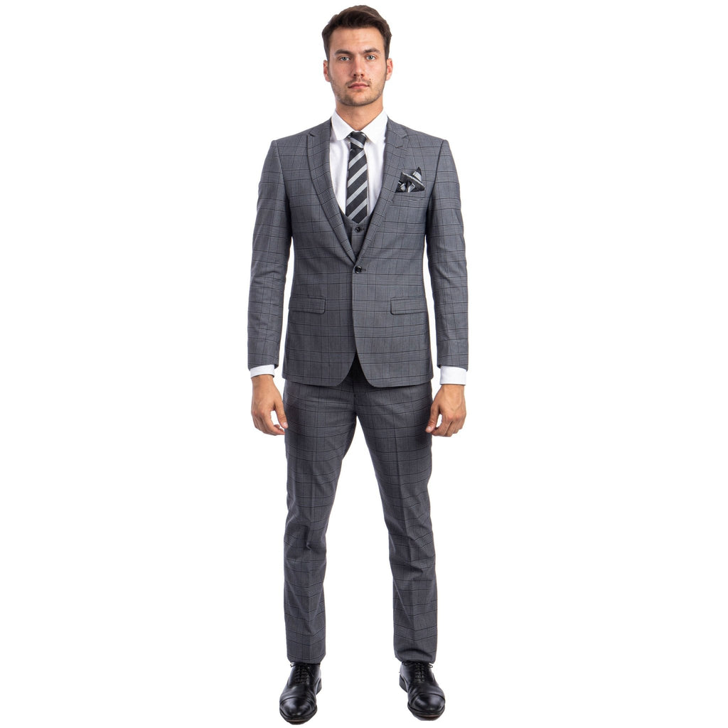 Grey Men's Ultra Slim - Fit 3 - Piece Glen Check Suit - Bundle Bus