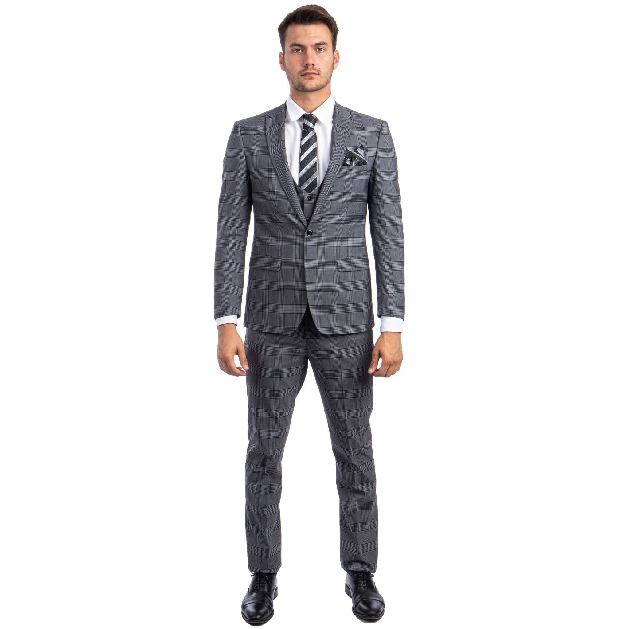 Grey Men's Ultra Slim - Fit 3 - Piece Glen Check Suit - Bundle Bus