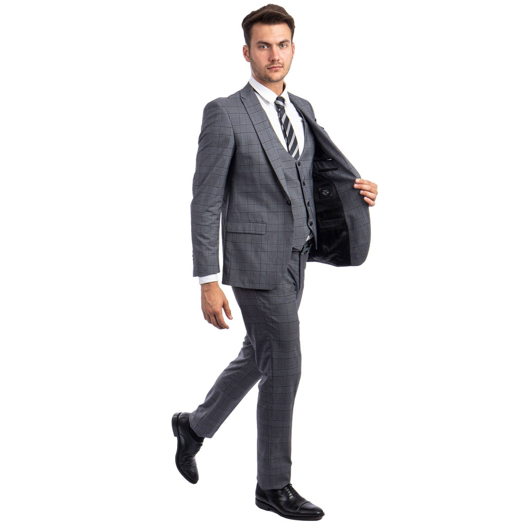 Grey Men's Ultra Slim - Fit 3 - Piece Glen Check Suit - Bundle Bus