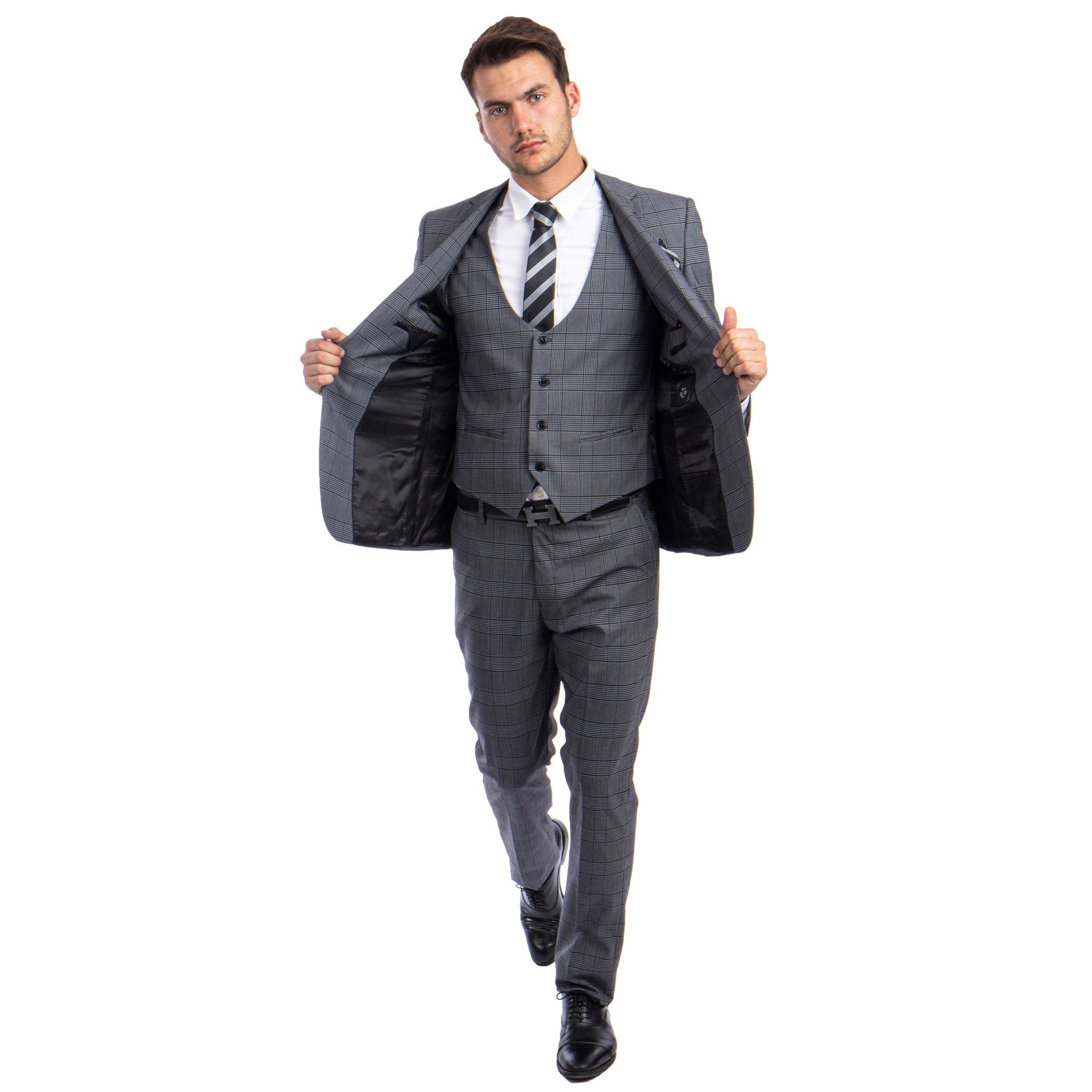 Grey Men's Ultra Slim - Fit 3 - Piece Glen Check Suit - Bundle Bus