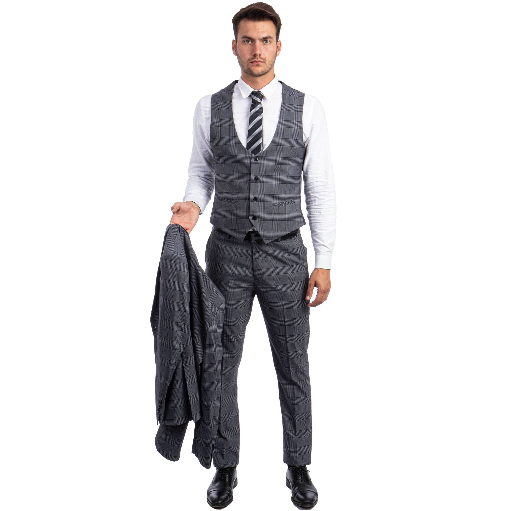 Grey Men's Ultra Slim - Fit 3 - Piece Glen Check Suit - Bundle Bus
