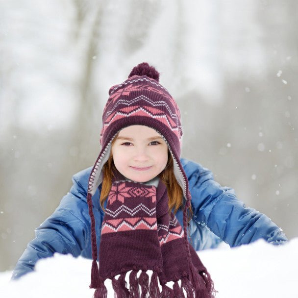 Kid's Winter Knitted Ear Flap Lined Snowflake Pom Beanie Scarf with Tassel and Hat Set - KKWS1722 - Bundle Bus