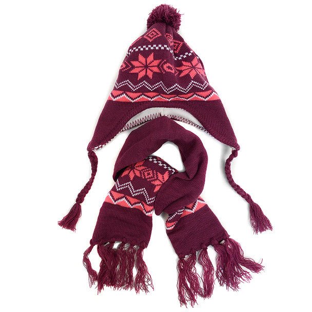Kid's Winter Knitted Ear Flap Lined Snowflake Pom Beanie Scarf with Tassel and Hat Set - KKWS1722 - Bundle Bus