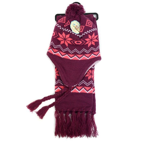 Kid's Winter Knitted Ear Flap Lined Snowflake Pom Beanie Scarf with Tassel and Hat Set - KKWS1722 - Bundle Bus