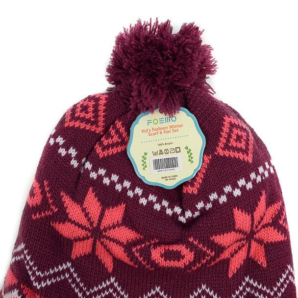 Kid's Winter Knitted Ear Flap Lined Snowflake Pom Beanie Scarf with Tassel and Hat Set - KKWS1722 - Bundle Bus