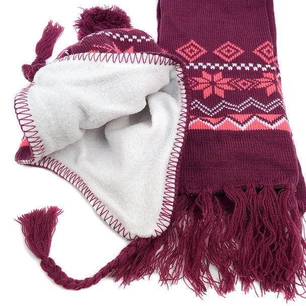 Kid's Winter Knitted Ear Flap Lined Snowflake Pom Beanie Scarf with Tassel and Hat Set - KKWS1722 - Bundle Bus