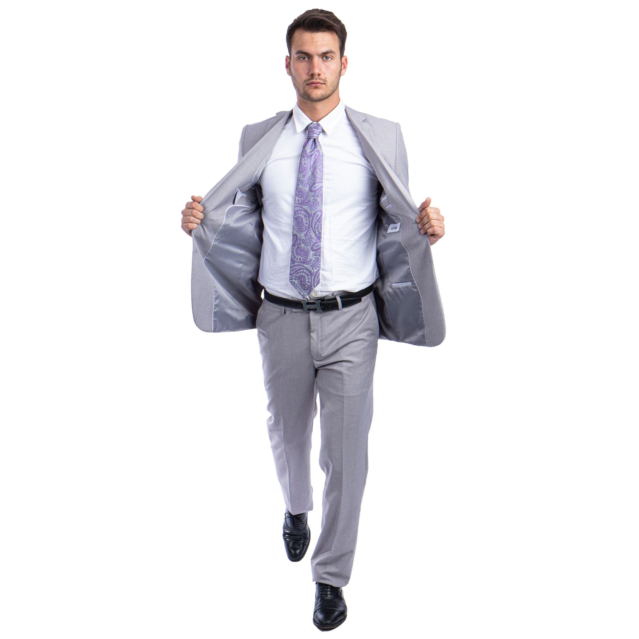 Light Grey Men's Hybrid - Fit 3pc Paisley Suit w/ Wide Black Shawl Collar - Bundle Bus