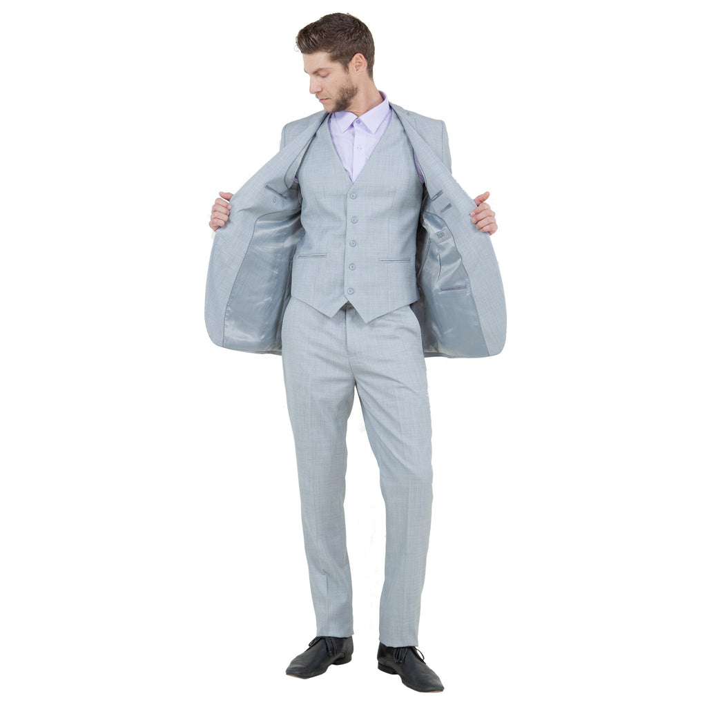 Light Grey Men's Slim - Fit 3 - Piece Sharkskin Suit - Bundle Bus