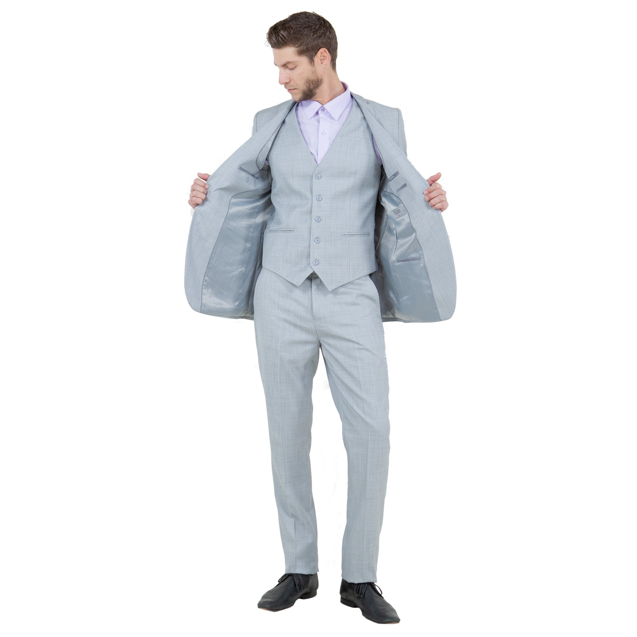 Light Grey Men's Slim - Fit 3 - Piece Sharkskin Suit - Bundle Bus