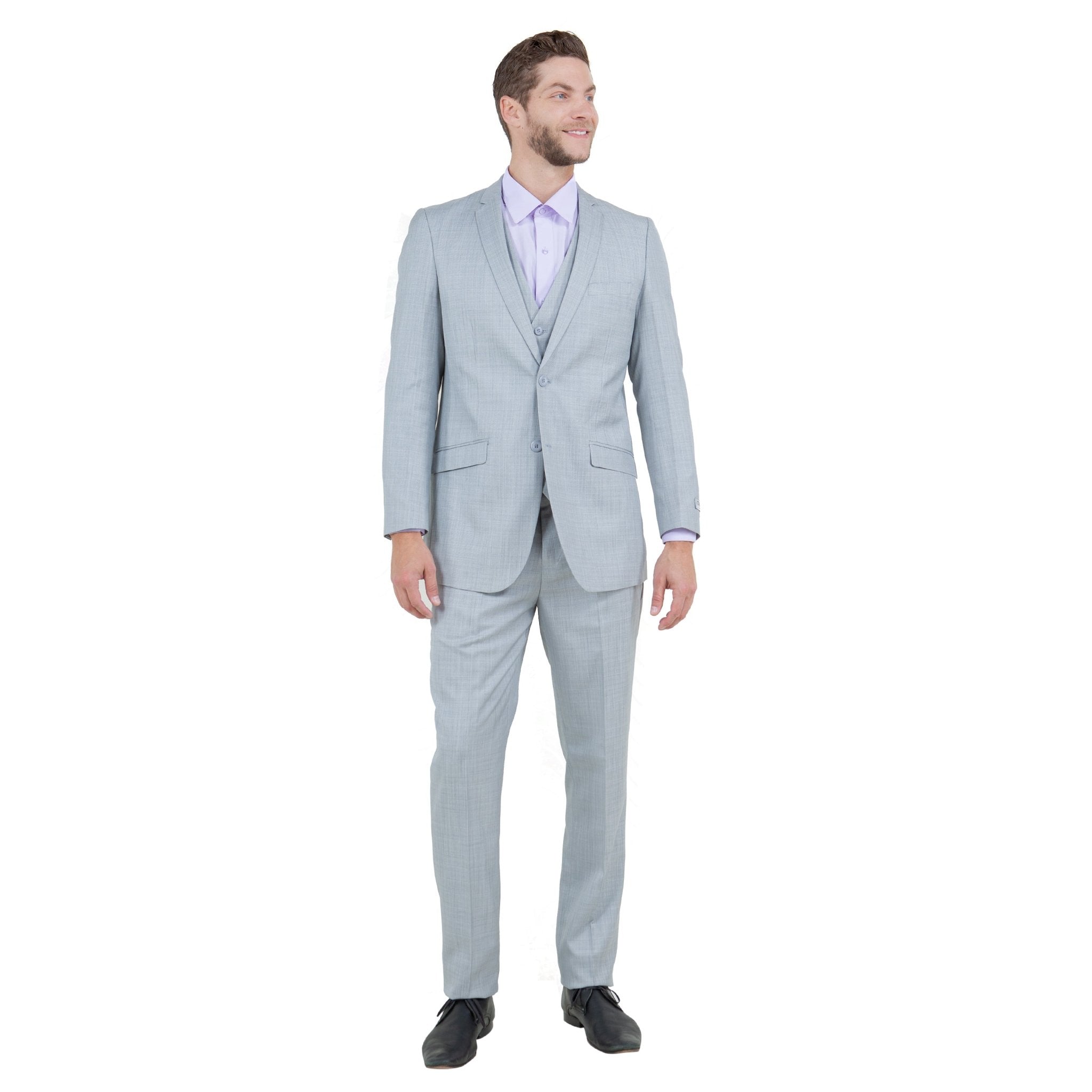 Light Grey Men's Slim - Fit 3 - Piece Sharkskin Suit - Bundle Bus