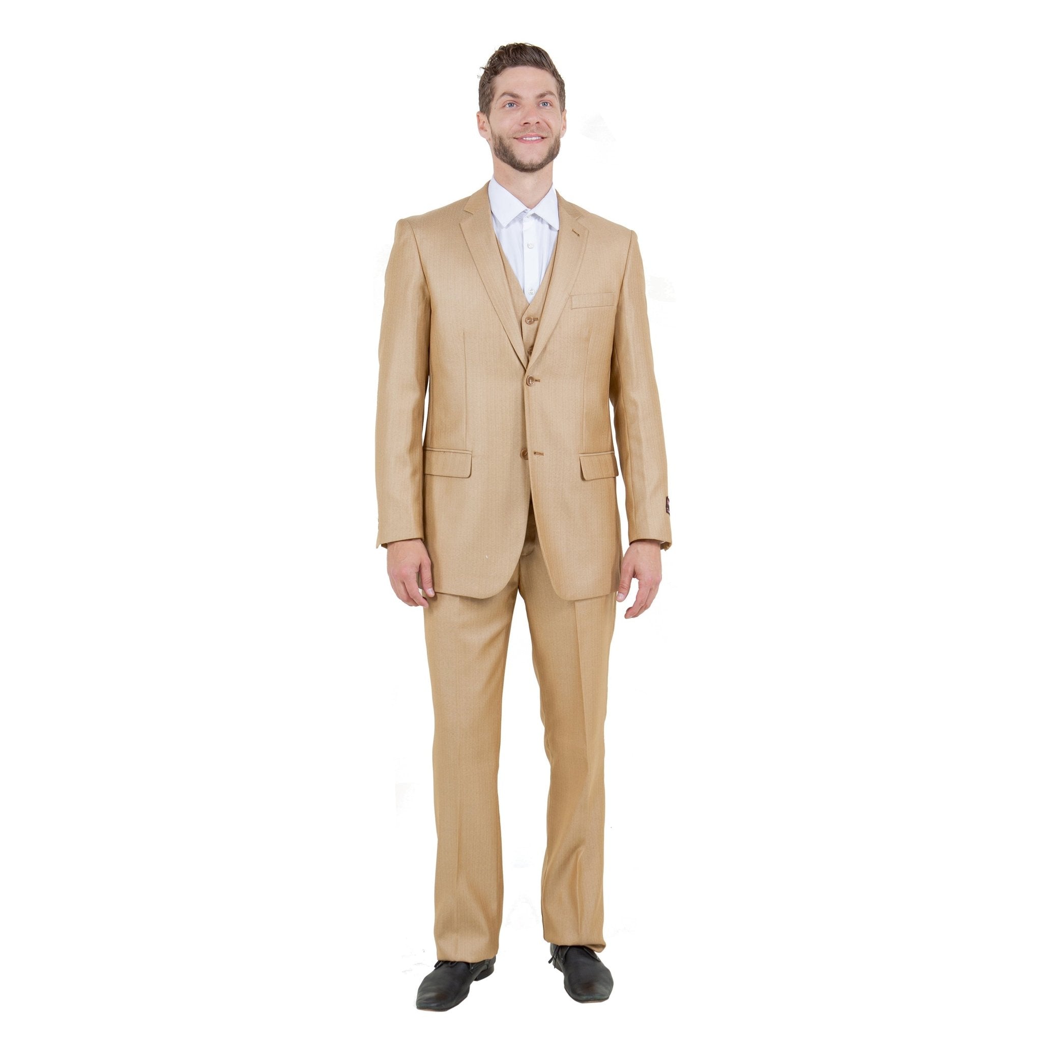 Lt. Beige Solid Shiny Sharkskin 3 - PC Regular Modern Fit Suits - Bundle Bus