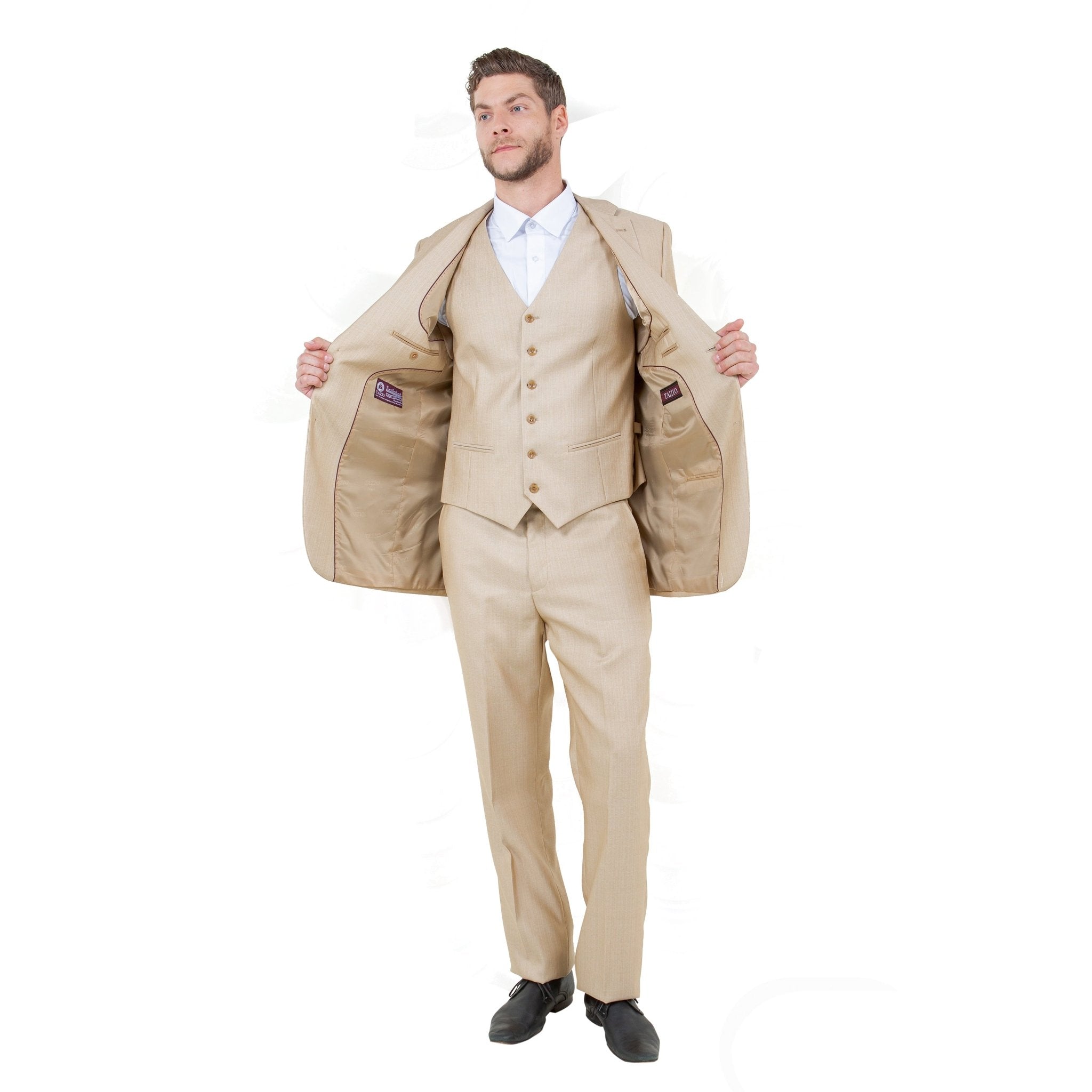 Lt. Beige Solid Shiny Sharkskin 3 - PC Regular Modern Fit Suits - Bundle Bus