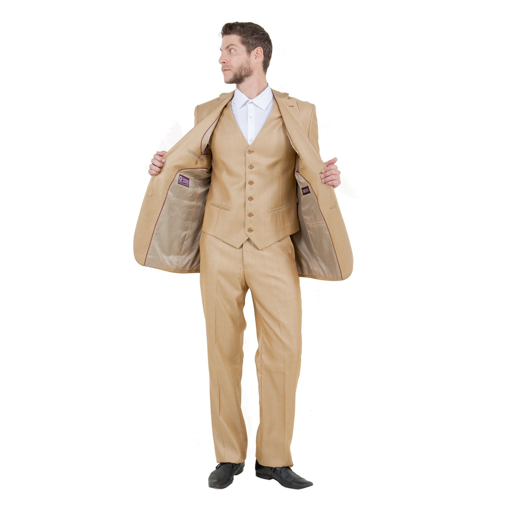 Lt. Beige Solid Shiny Sharkskin 3 - PC Regular Modern Fit Suits - Bundle Bus