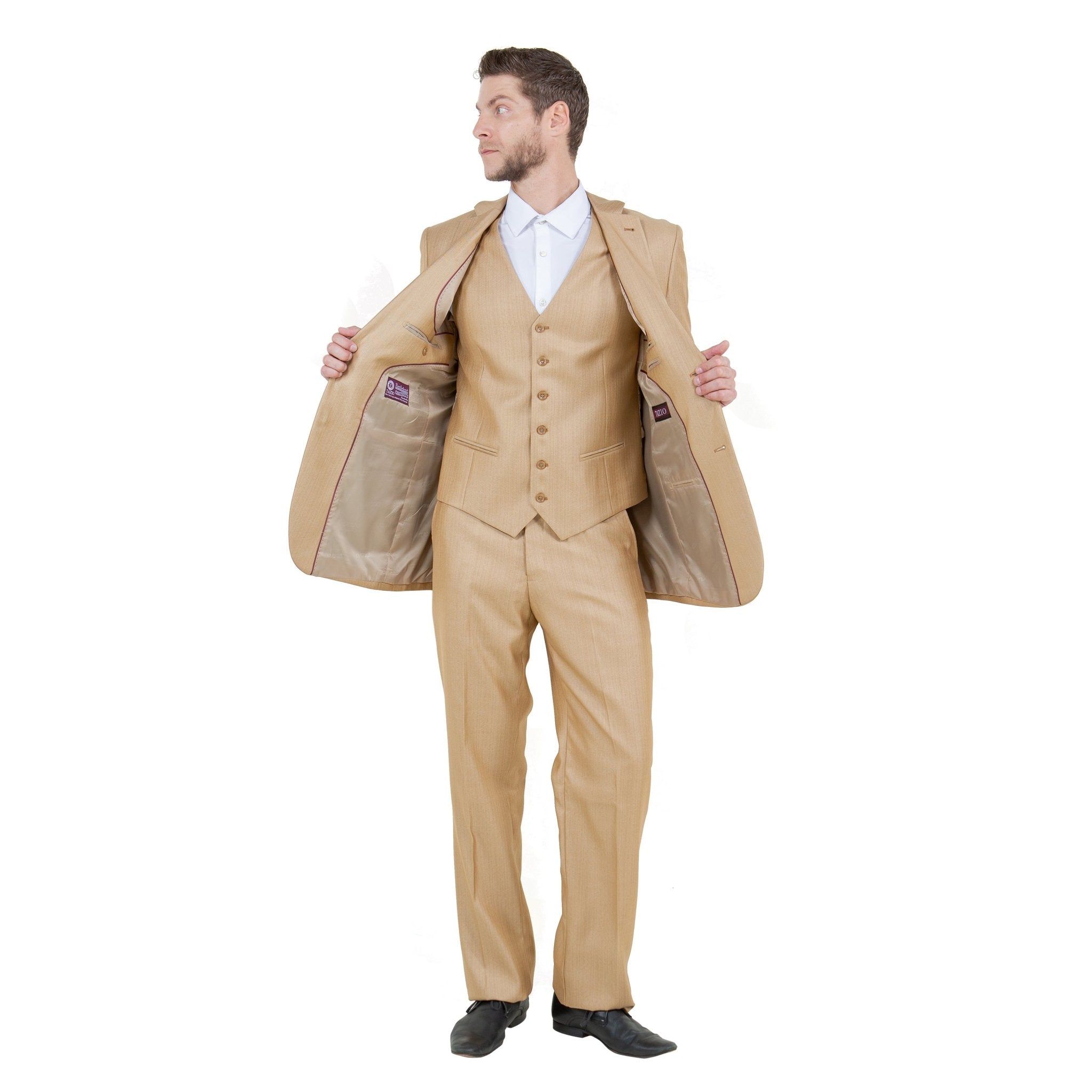 Lt. Beige Solid Shiny Sharkskin 3 - PC Regular Modern Fit Suits - Bundle Bus