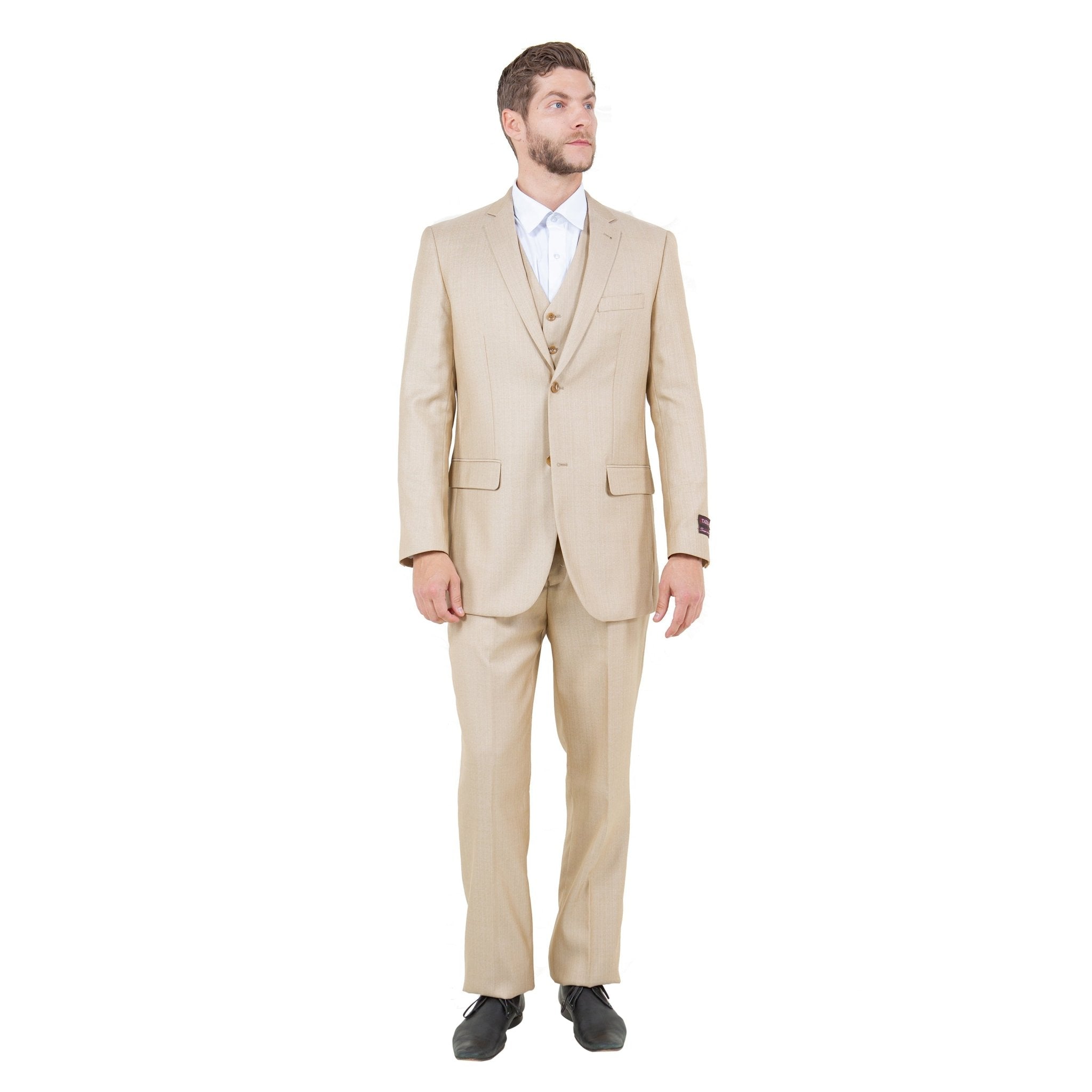Lt. Beige Solid Shiny Sharkskin 3 - PC Regular Modern Fit Suits - Bundle Bus