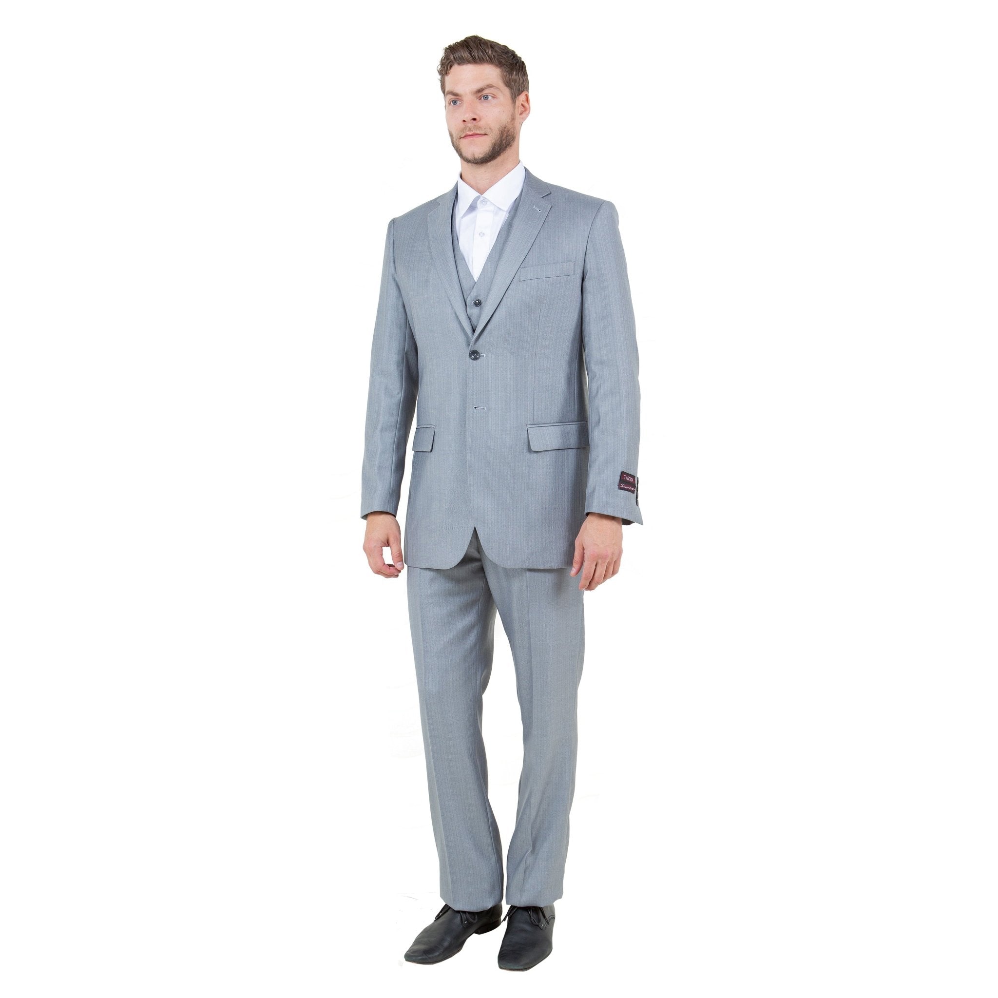 Lt. Gray Solid Shiny Sharkskin 3 - PC Regular Modern Fit Suits - Bundle Bus