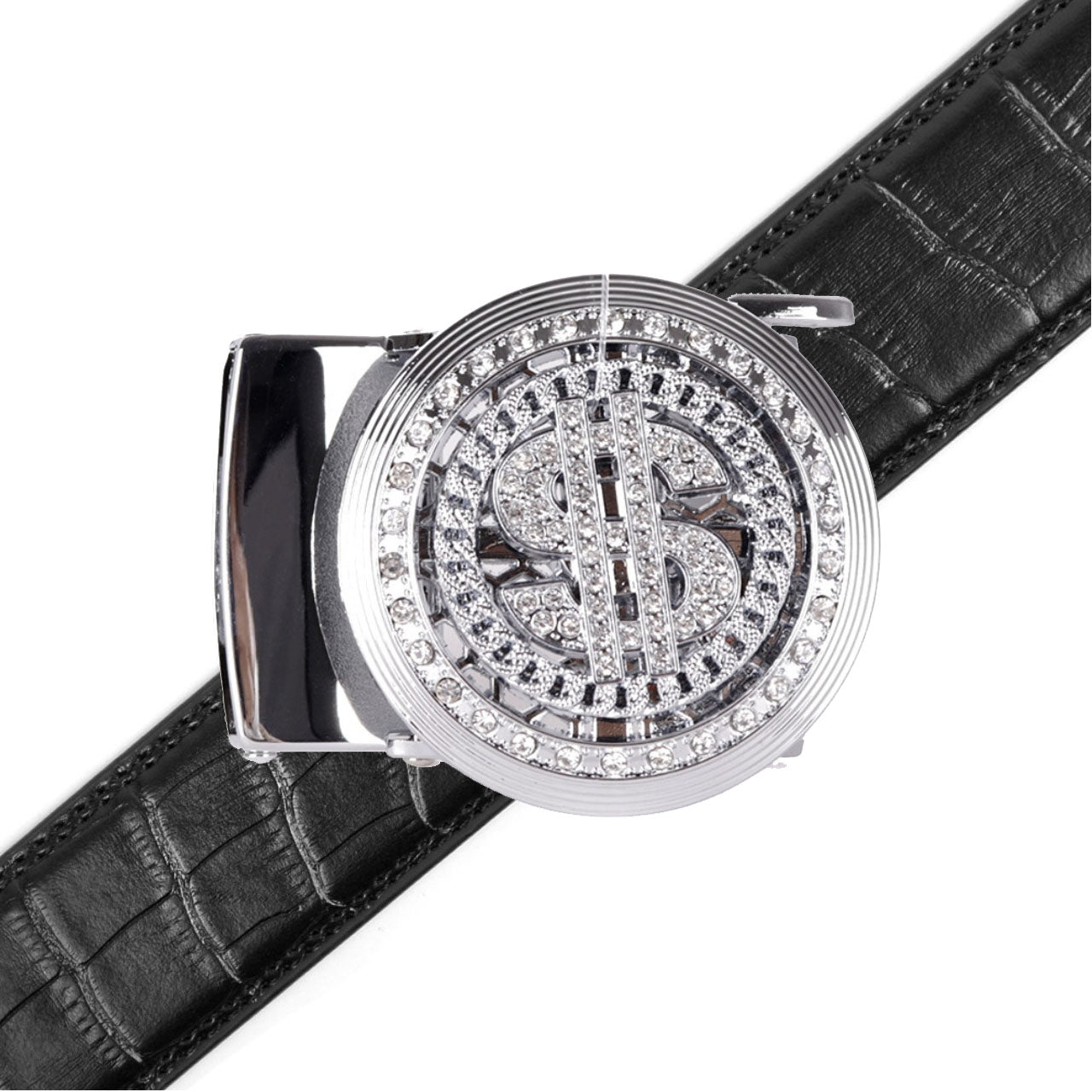 Men's Dollar Sign Rotating Bling Ratchet Belt-MGLBB65-SIL - Bundle Bus