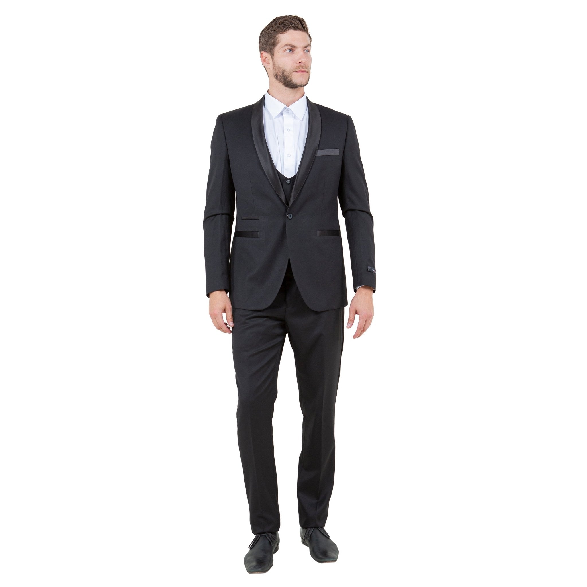 Men's Hybrid - Fit 3 - Piece Suit w/ Satin Shawl Lapel - Bundle Bus