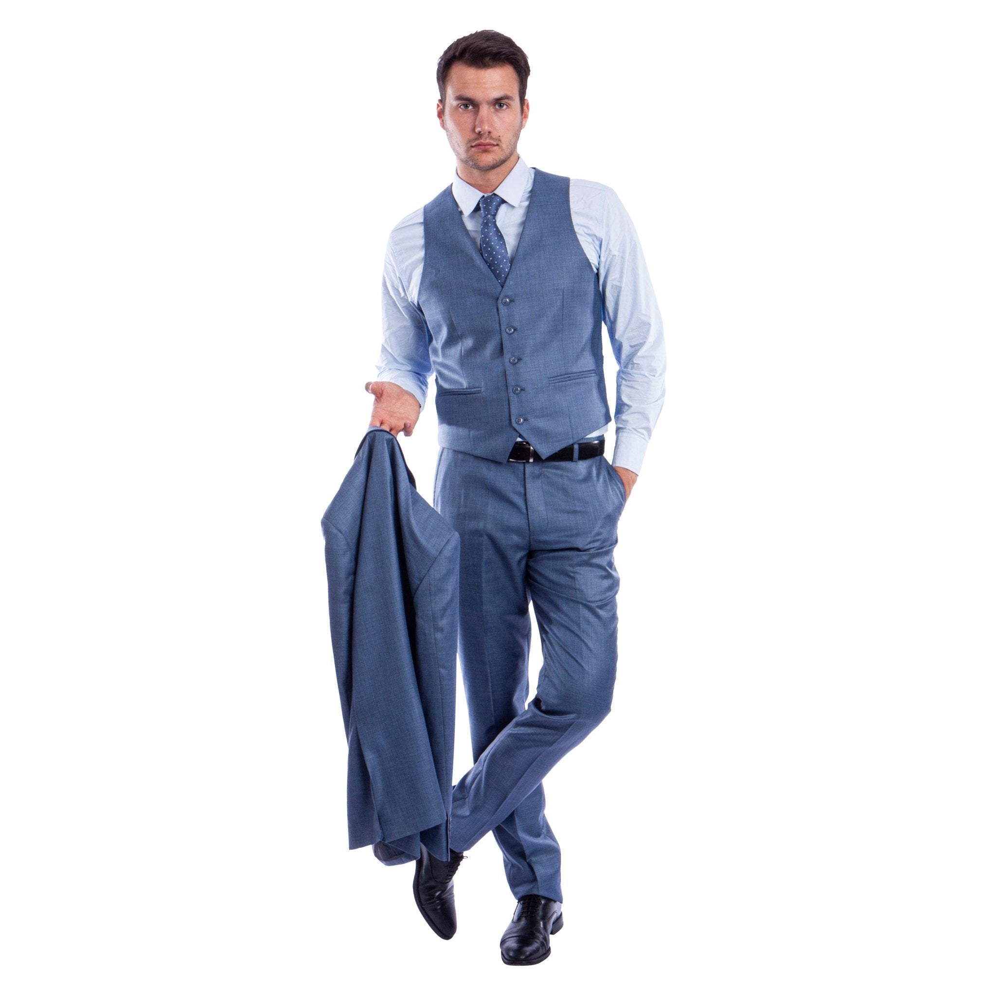 Men's Hybrid - Fit 3pc Sharkskin Suit w/ Expandable Waistband - Bundle Bus