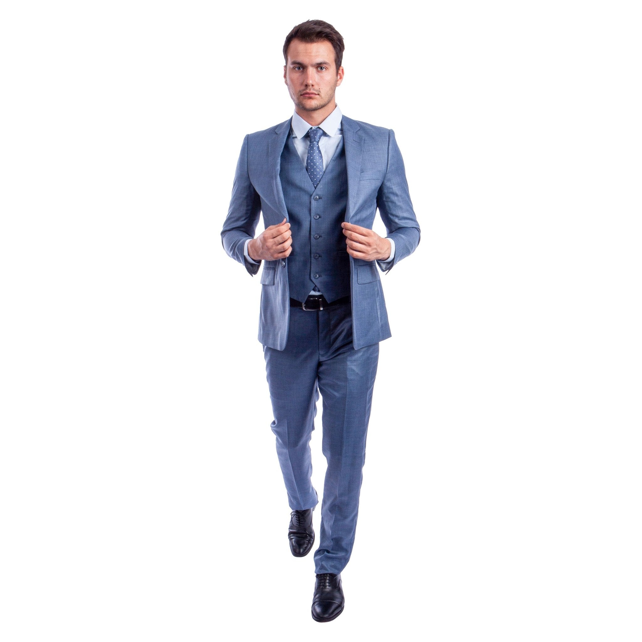 Men's Hybrid - Fit 3pc Sharkskin Suit w/ Expandable Waistband - Bundle Bus