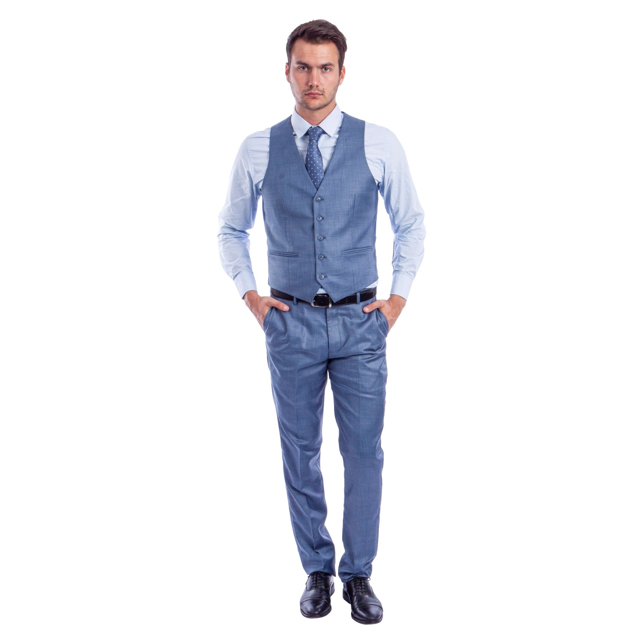Men's Hybrid - Fit 3pc Sharkskin Suit w/ Expandable Waistband - Bundle Bus