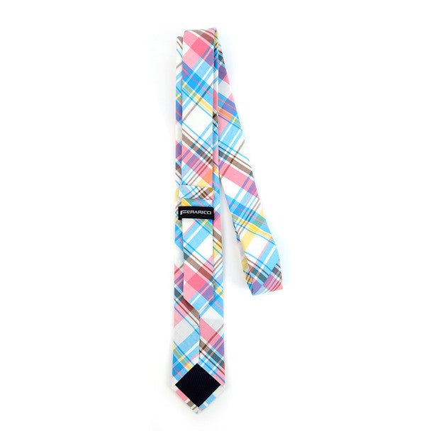 Men's Pink Blue Plaid 2.25" Cotton Slim Tie - MPPW1713 - Bundle Bus