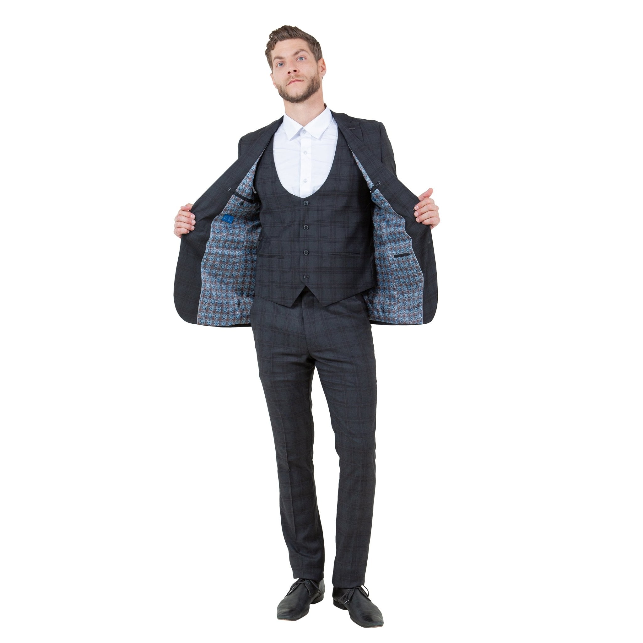 Men's Skinny - Fit Glen Plaid 3pc Suit Set w/ U - Neck Vest - Bundle Bus