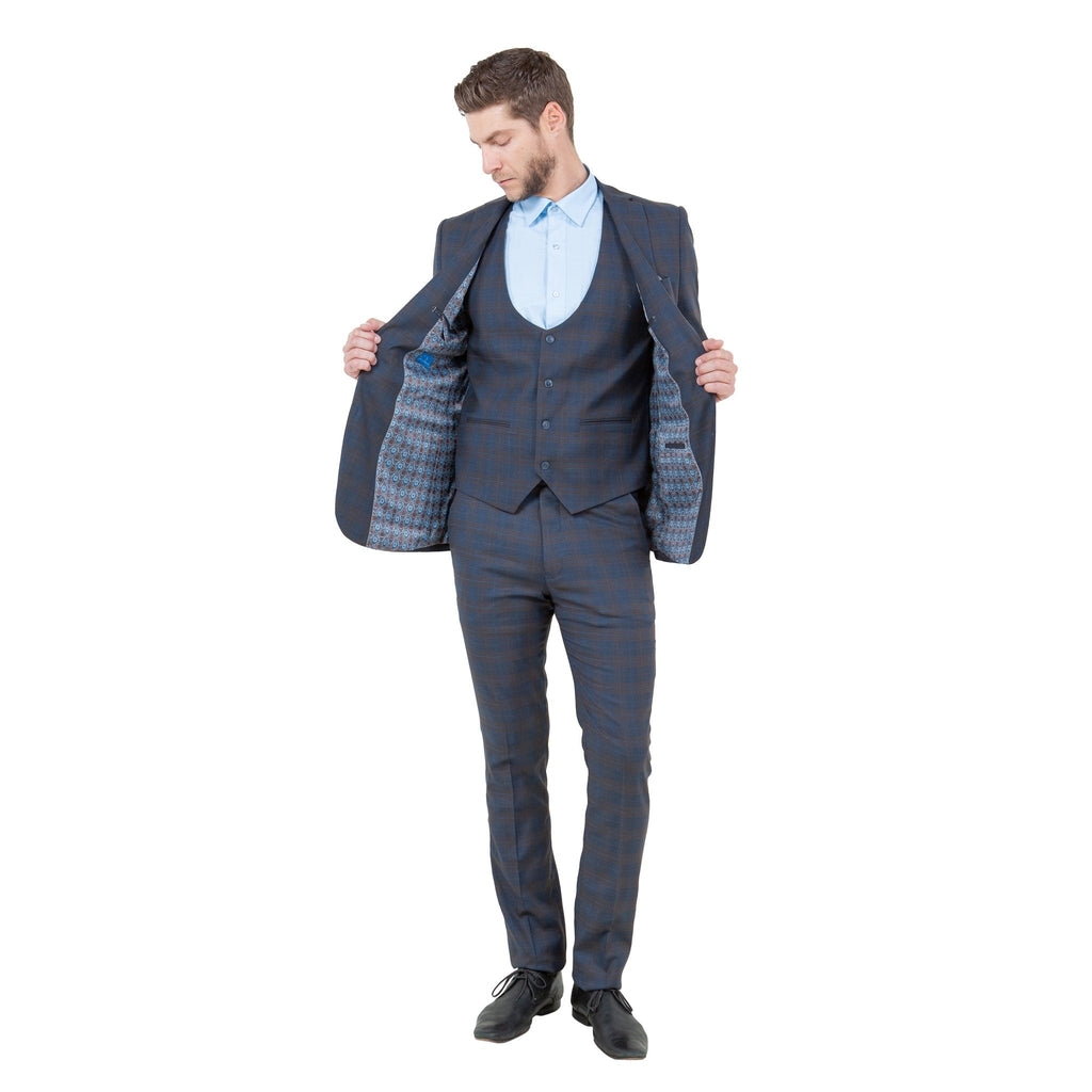 Men's Skinny - Fit Glen Plaid 3pc Suit Set w/ U - Neck Vest - Bundle Bus