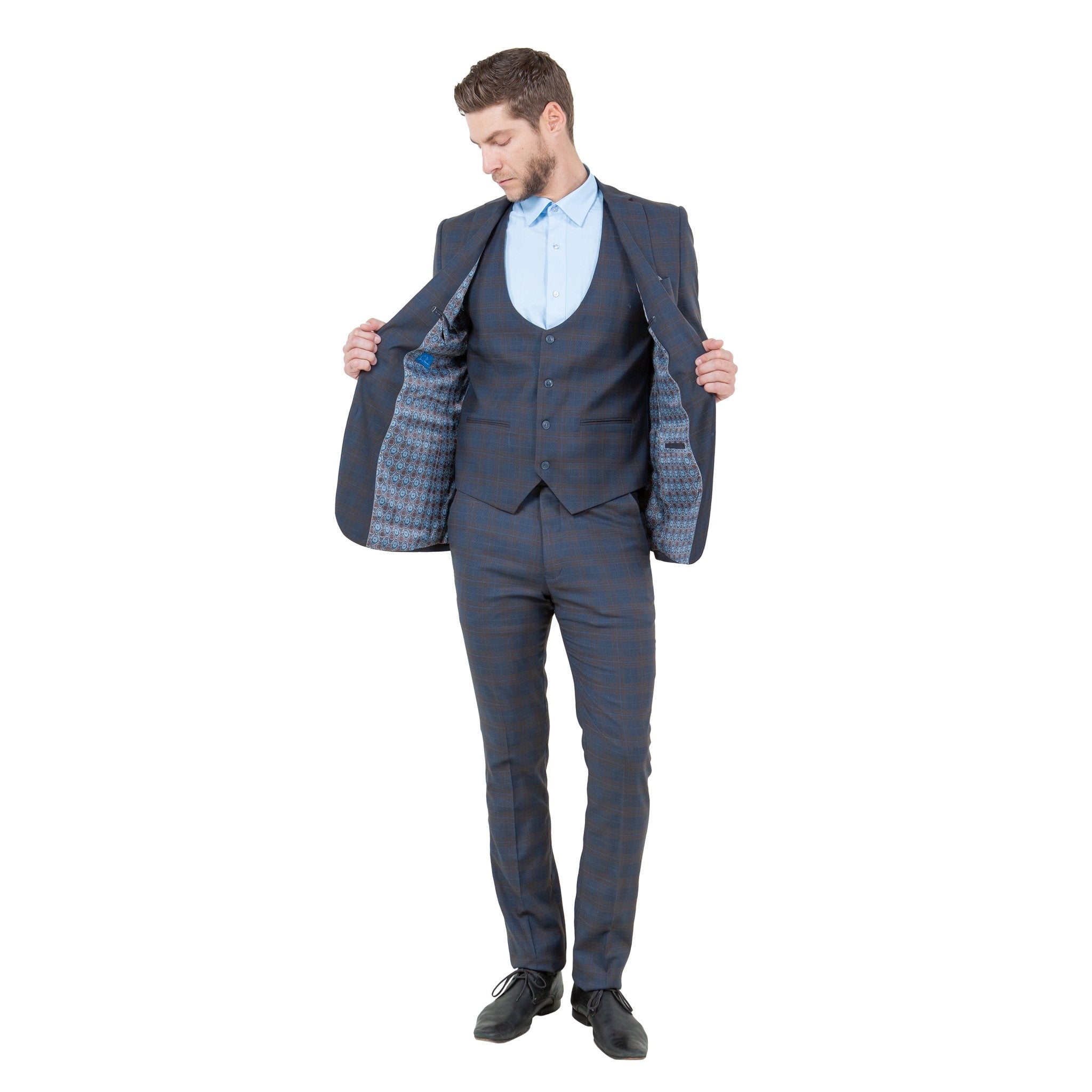 Men's Skinny - Fit Glen Plaid 3pc Suit Set w/ U - Neck Vest - Bundle Bus