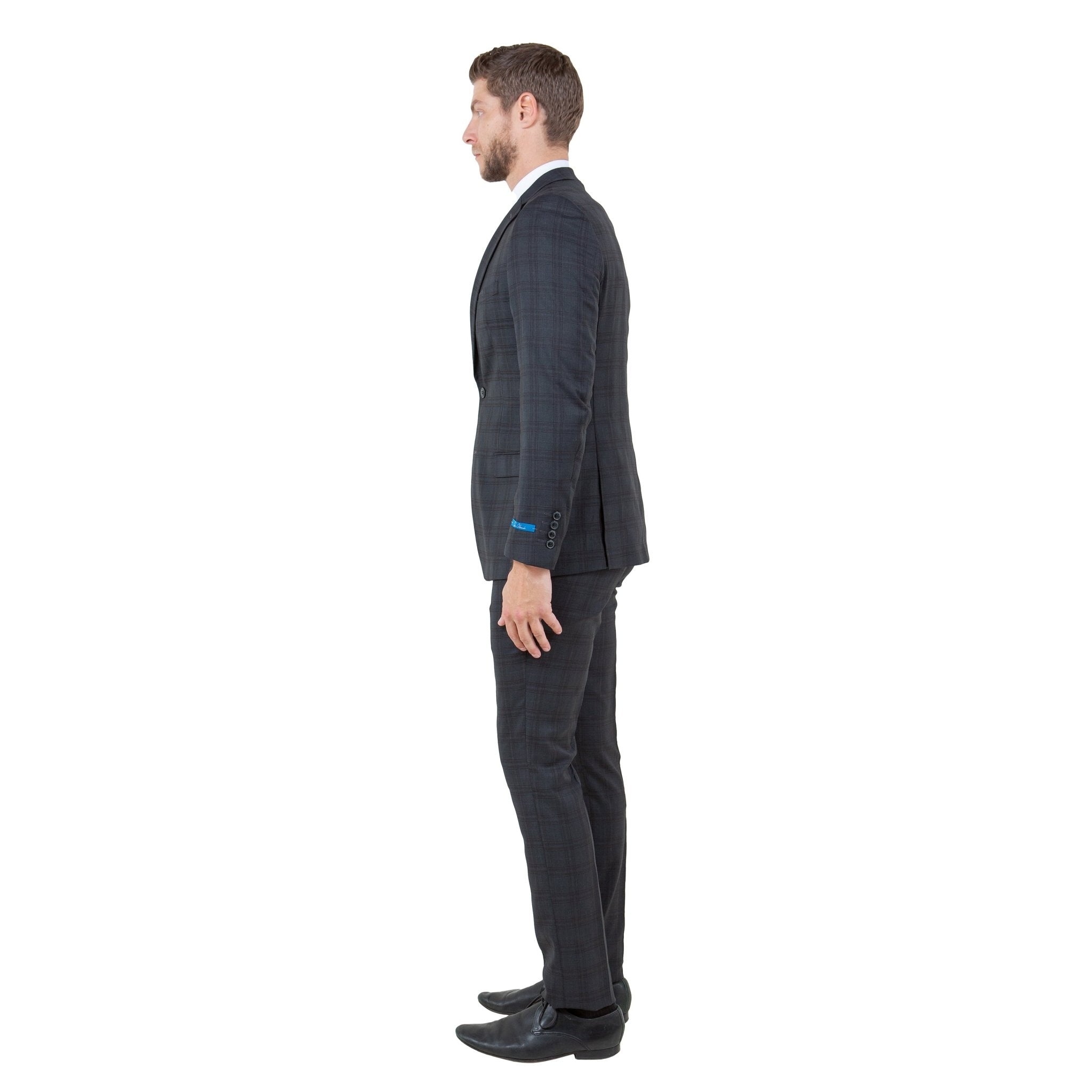 Men's Skinny - Fit Glen Plaid 3pc Suit Set w/ U - Neck Vest - Bundle Bus