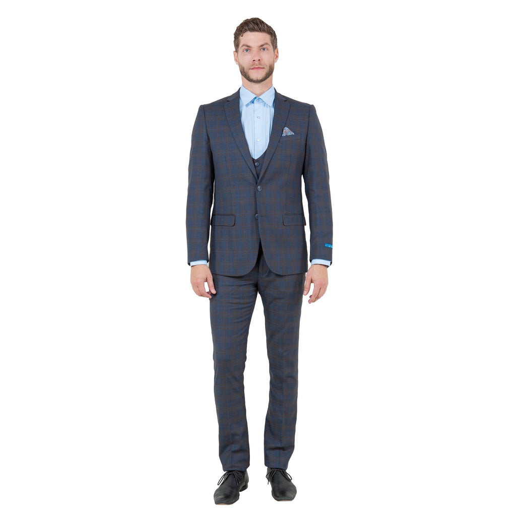 Men's Skinny - Fit Glen Plaid 3pc Suit Set w/ U - Neck Vest - Bundle Bus
