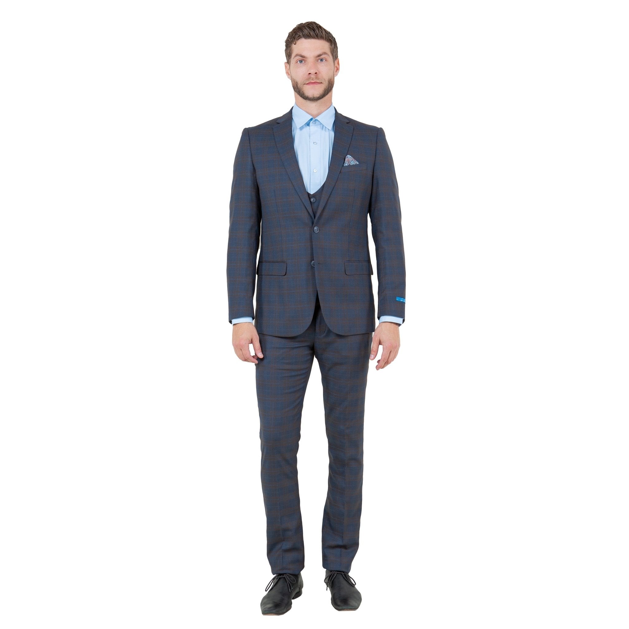 Men's Skinny - Fit Glen Plaid 3pc Suit Set w/ U - Neck Vest - Bundle Bus