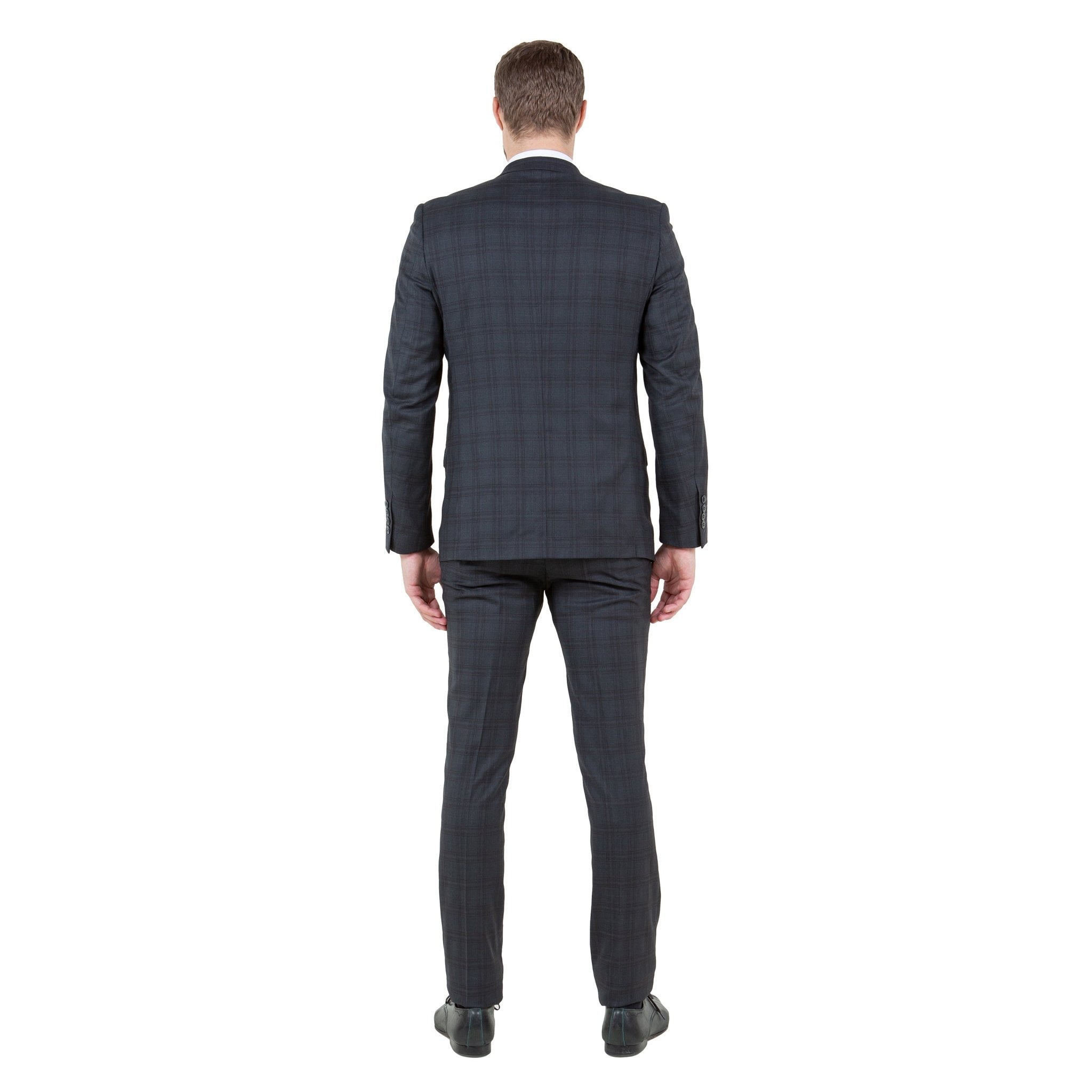 Men's Skinny - Fit Glen Plaid 3pc Suit Set w/ U - Neck Vest - Bundle Bus
