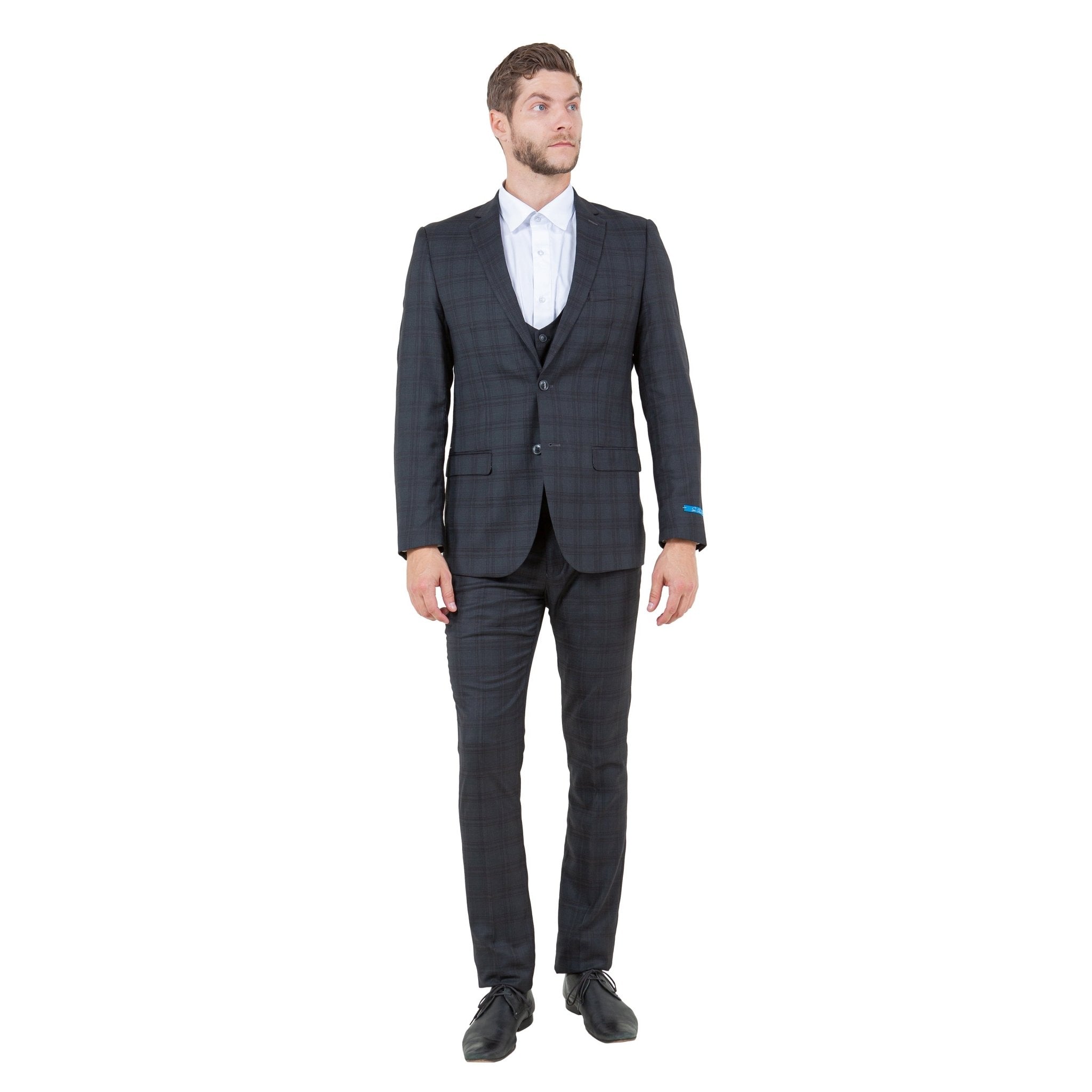 Men's Skinny - Fit Glen Plaid 3pc Suit Set w/ U - Neck Vest - Bundle Bus