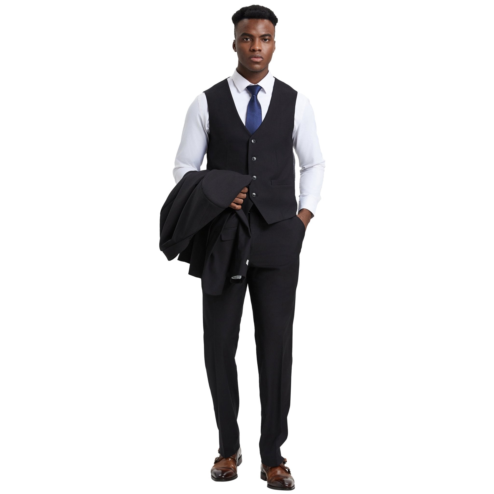 Men's Stacy Adams Hybrid - Fit 3pc Notch Lapel Suit Set, Jacket Vest and Pants - Bundle Bus